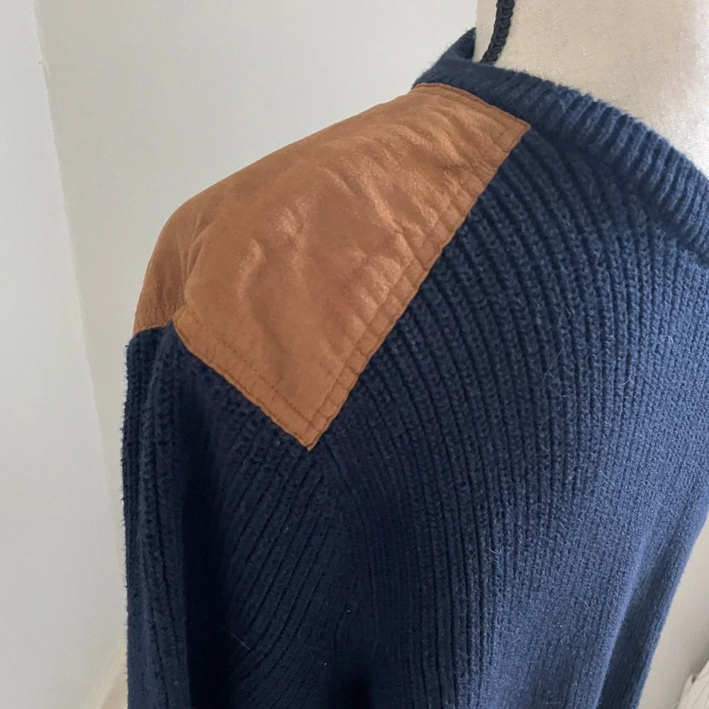 J.Crew Mens Knit Sweater Size XL Navy Blue Suede Preppy Old Money Fisherman